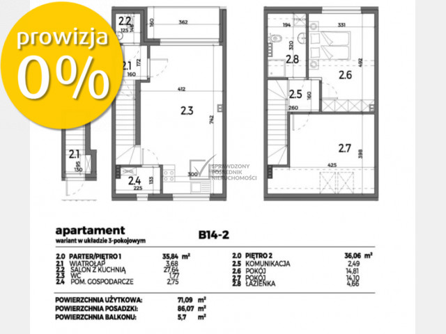 Apartament dwupoziomowy  71,09 m2, 3 pokoje.